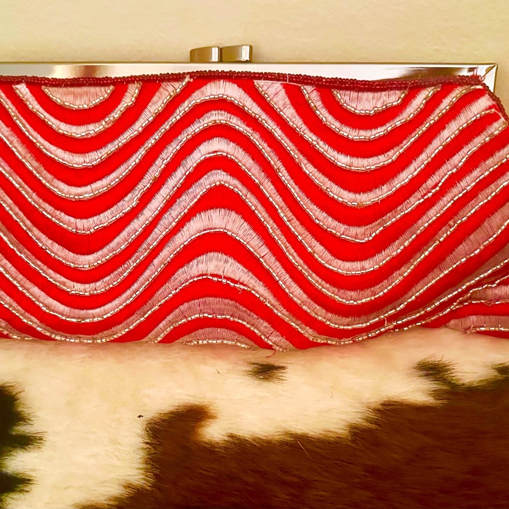 Red & White Embellished Handbag with shoulder chains and hand chains